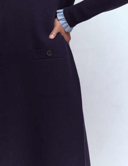 Woven Trim Knit Dress-Navy-3