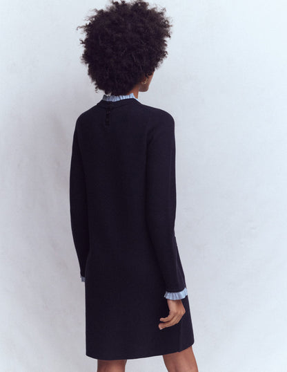 Woven Trim Knit Dress-Navy-4