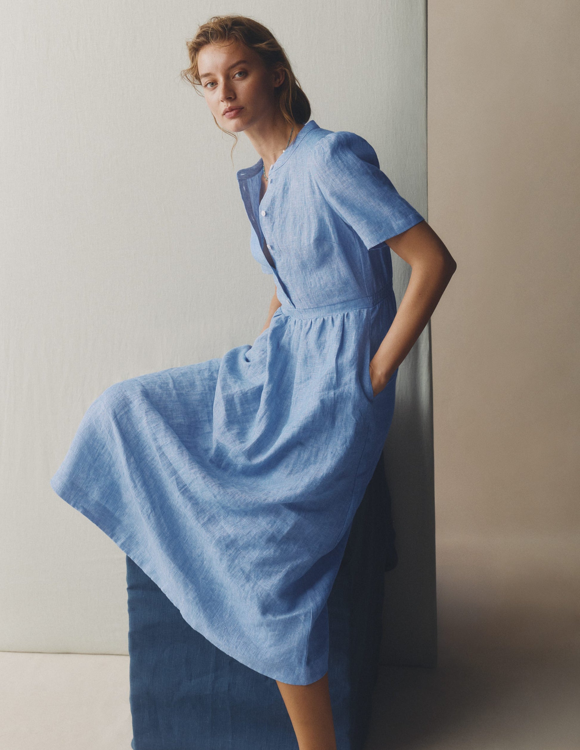 midi chambray dress Light Blue Striped Maternity Shirt Fabric has no stretch High Neck Chambray Midi Dress
