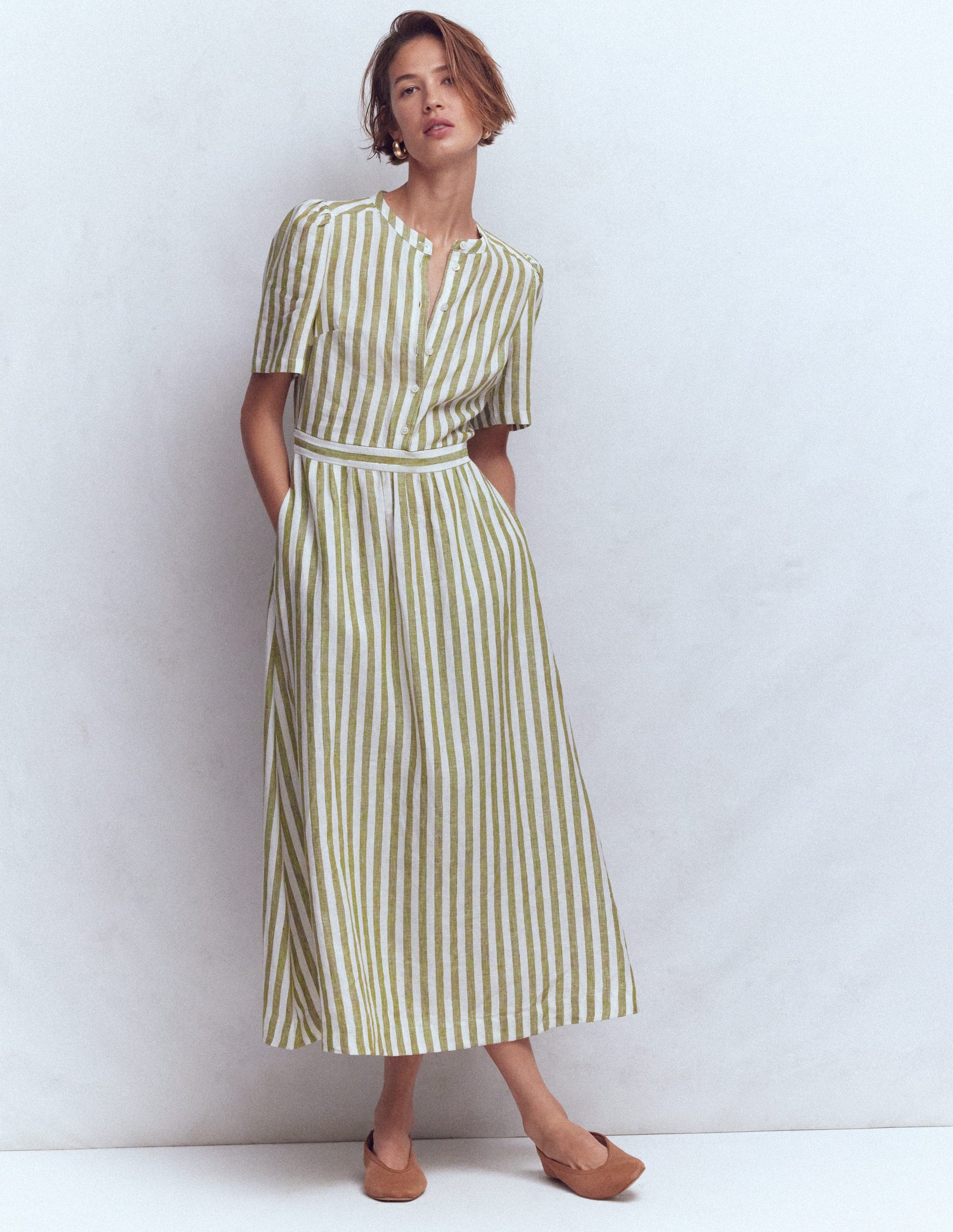 Ivy Placket Linen Midi Dress-Olive, Ivory Stripe | Boden AU Ivy Placket Linen Midi Dress-Olive, Ivory Stripe | Boden AU