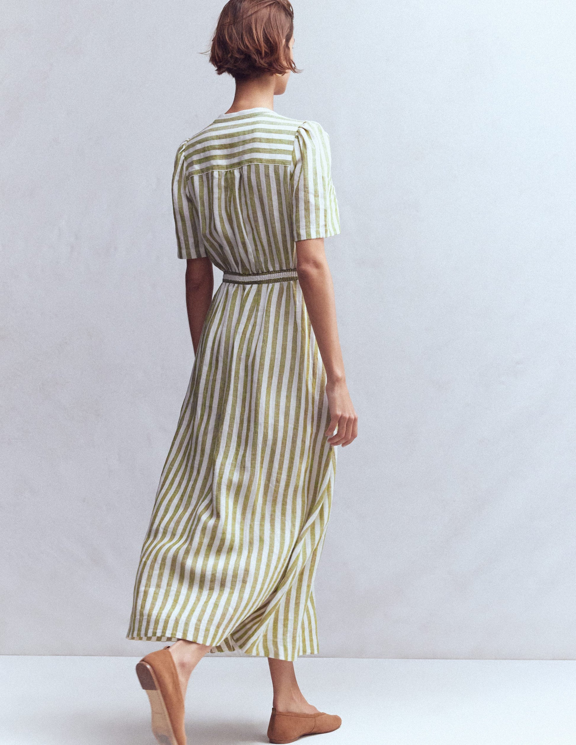 Ivy Linen Midi Dress-Olive, Ivory Stripe-3