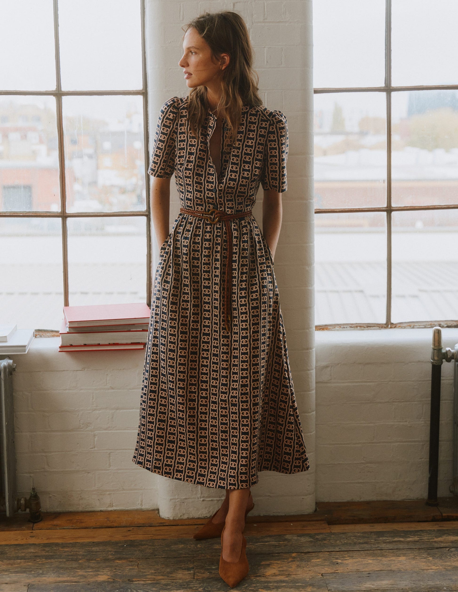 Ivy Linen Midi Dress-French Navy, Rope Trellis-6