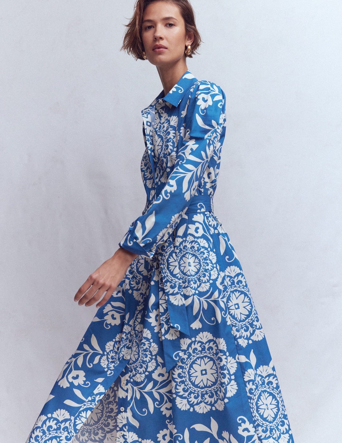 Alexa Long Sleeve Midi Dress-Dark Blue, Decorative Blossom