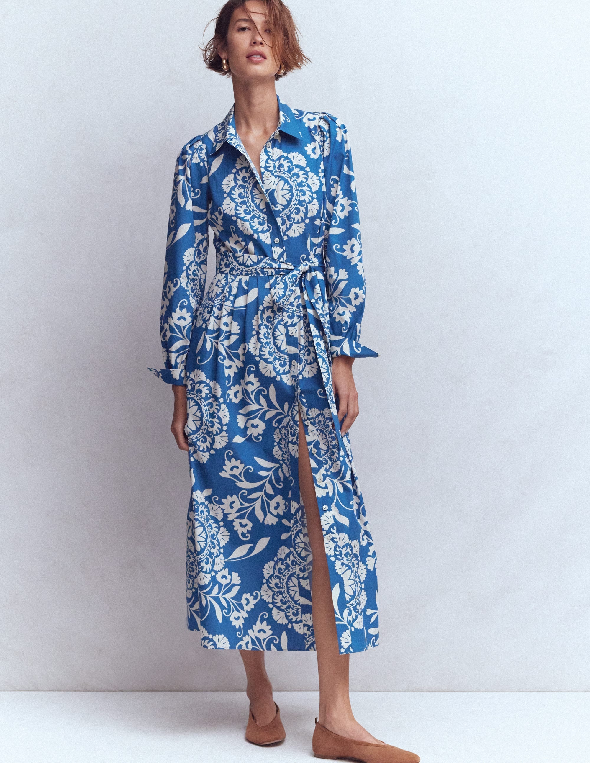 Alexa Cotton Midi Shirt Dress-Blue, Decorative Blossom - Image 4