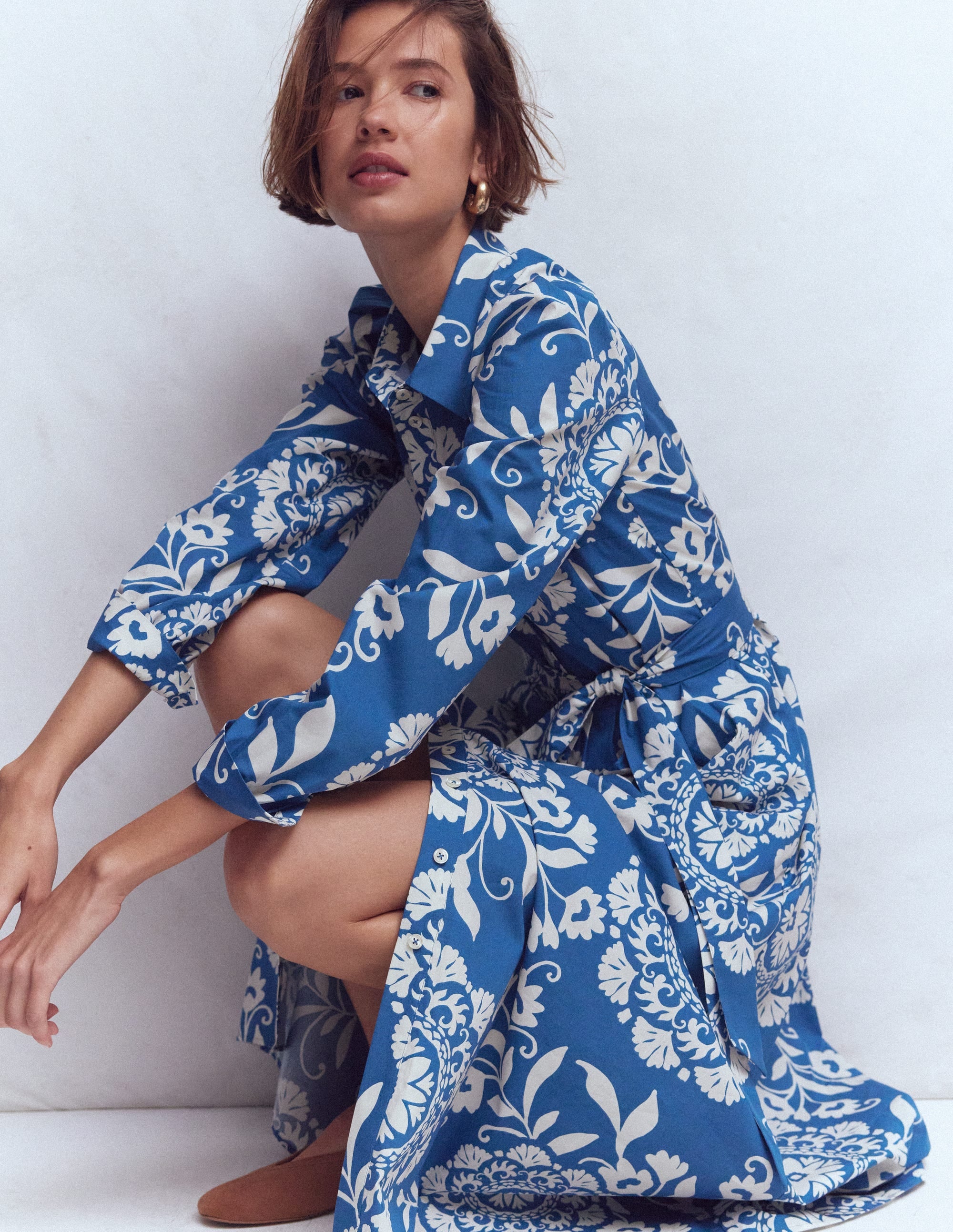 Alexa Cotton Midi Shirt Dress-Blue, Decorative Blossom - Image 5