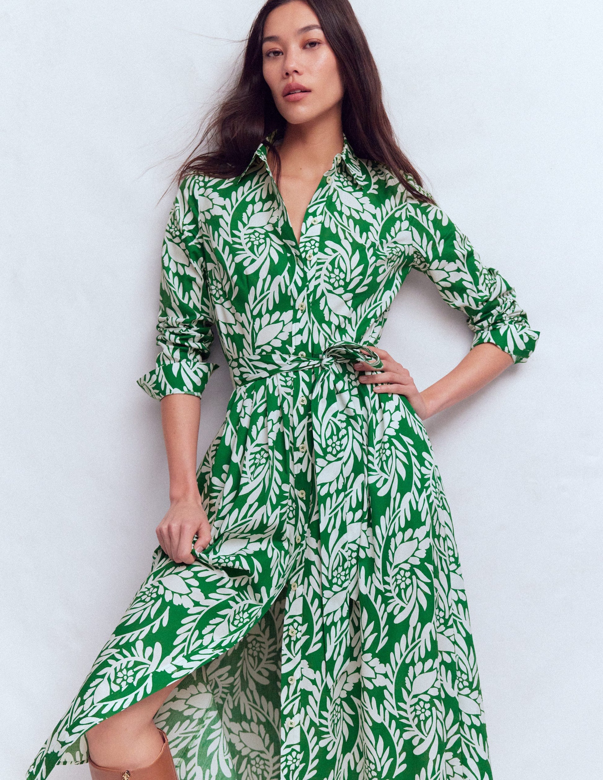 Alexa Cotton Midi Shirt Dress - Fresh Green, Scattered Vine