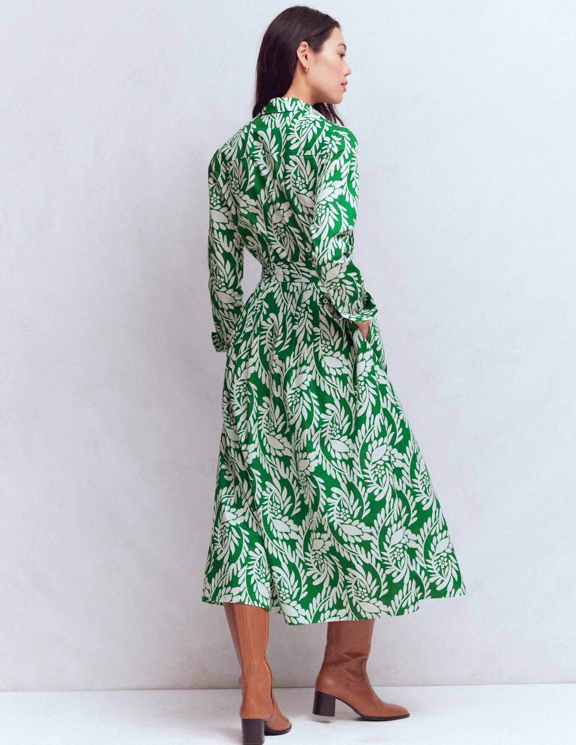 Alexa Cotton Midi Shirt Dress-Fresh Green, Scattered Vine - Image 3