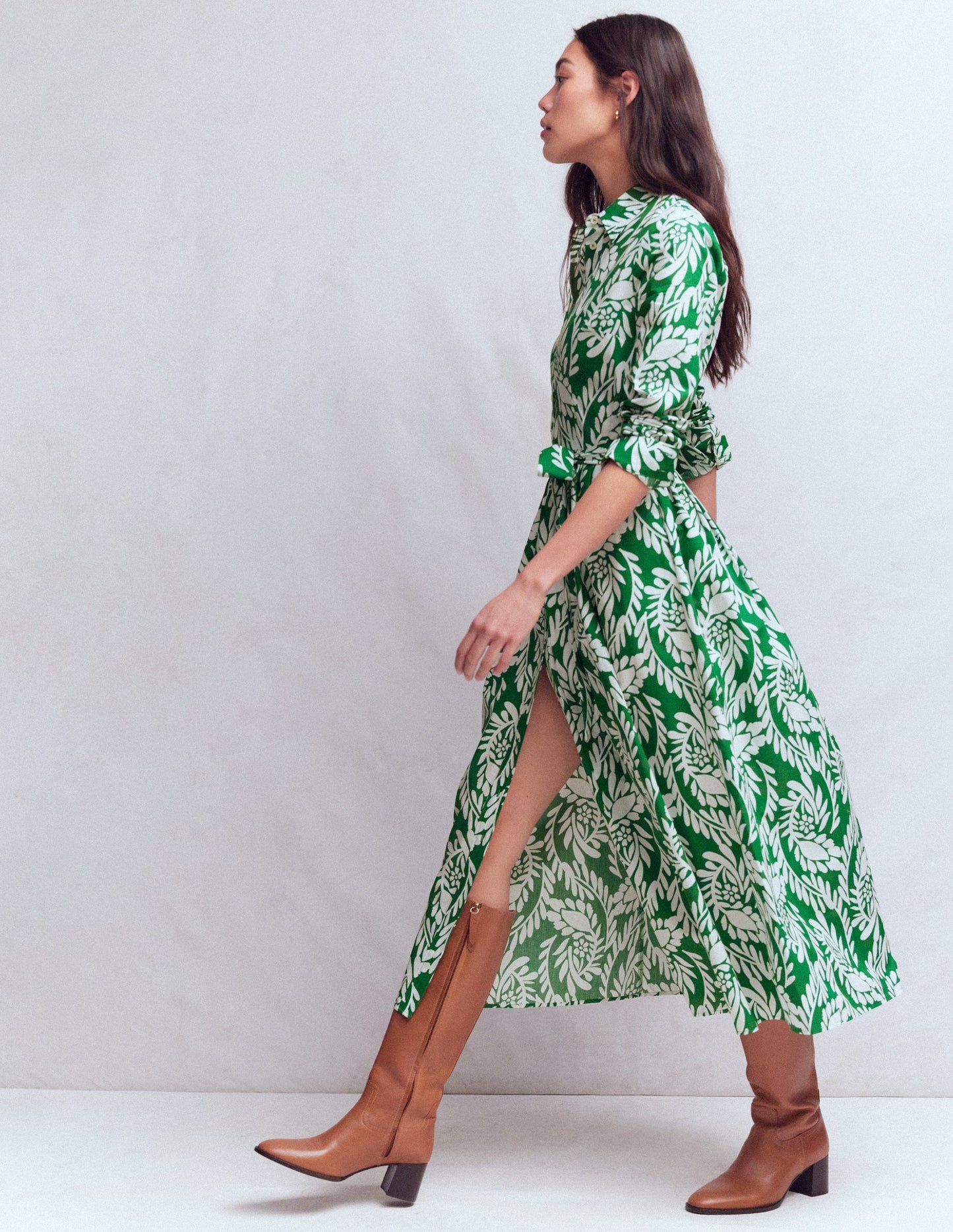 Alexa Long Sleeve Midi Dress-Fresh Green, Scattered Vine