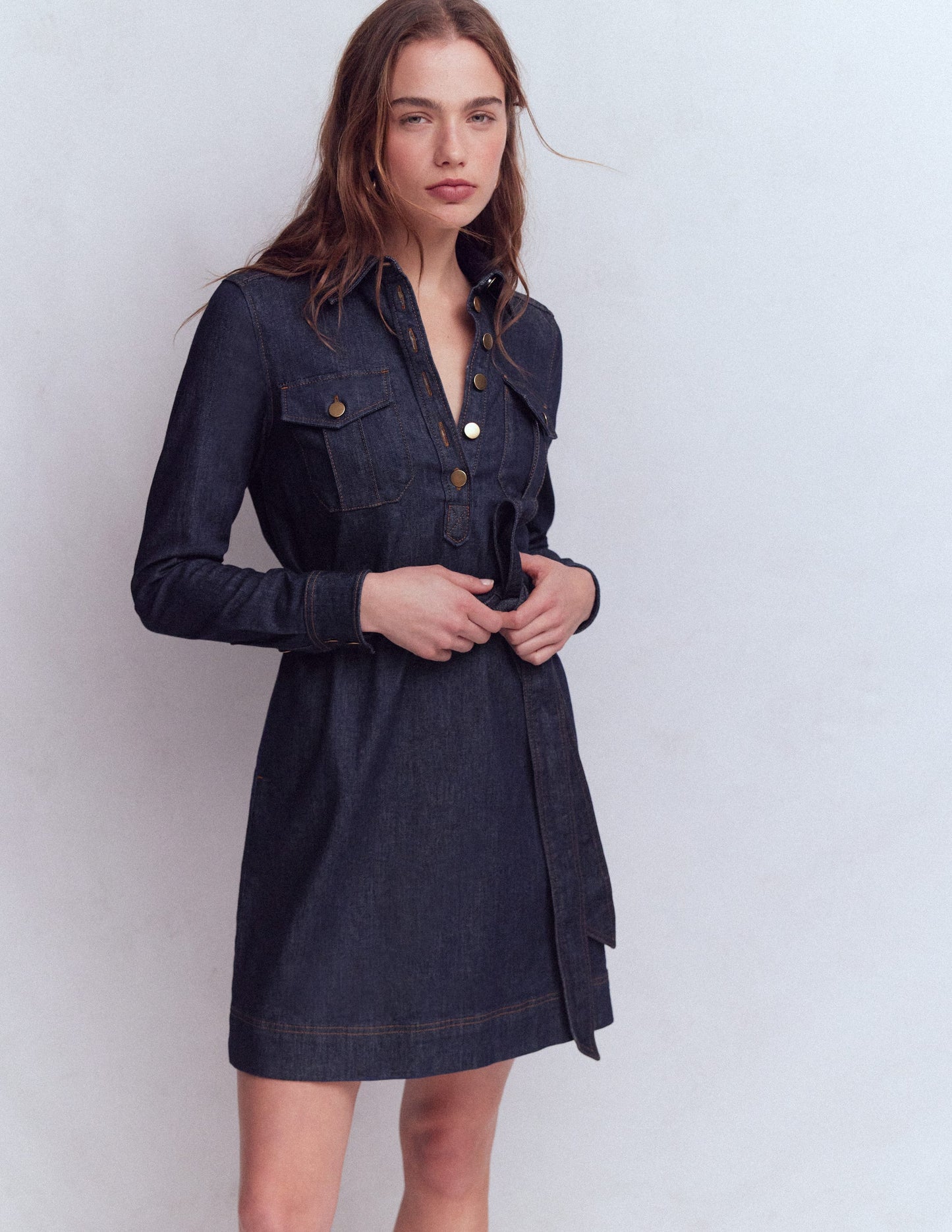 Half Placket Denim Dress-Indigo Wash