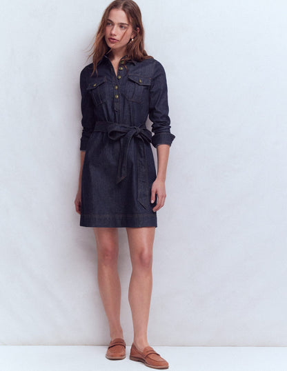 Half Placket Denim Dress-Indigo Wash-4