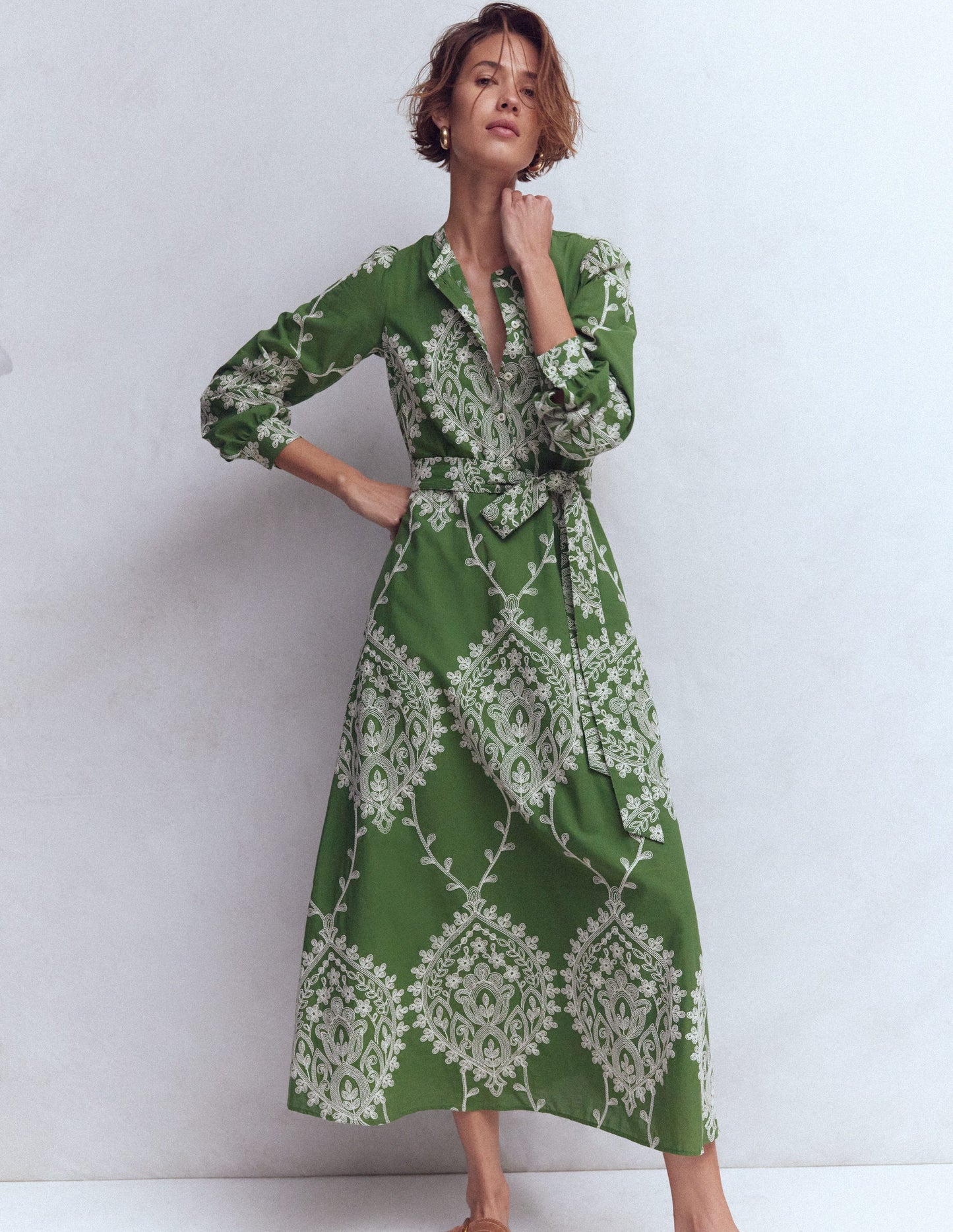 Ava Cotton Midi Dress-Green Broderie