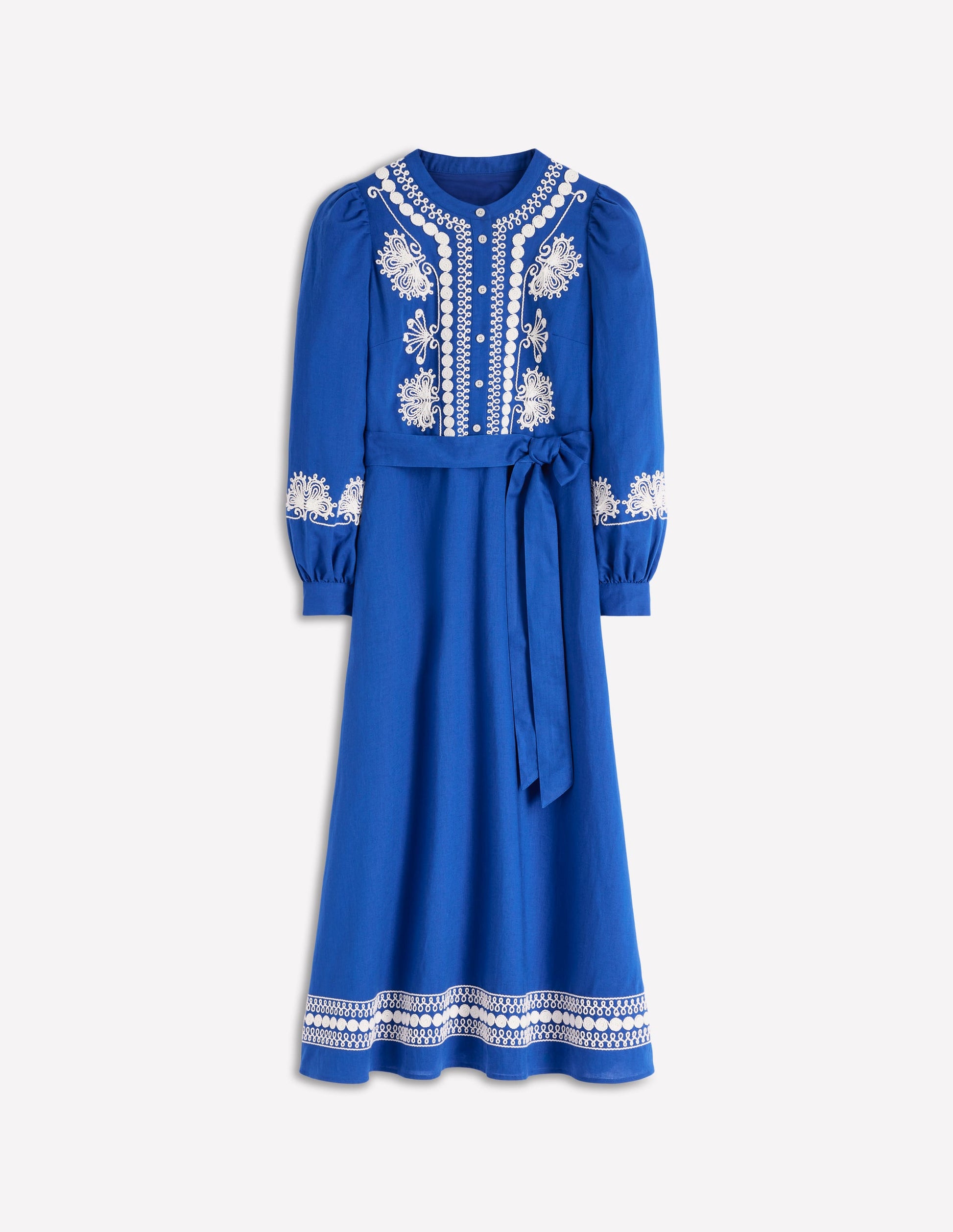 Ava Linen Blend Midi Dress-Blue Embroidery-7
