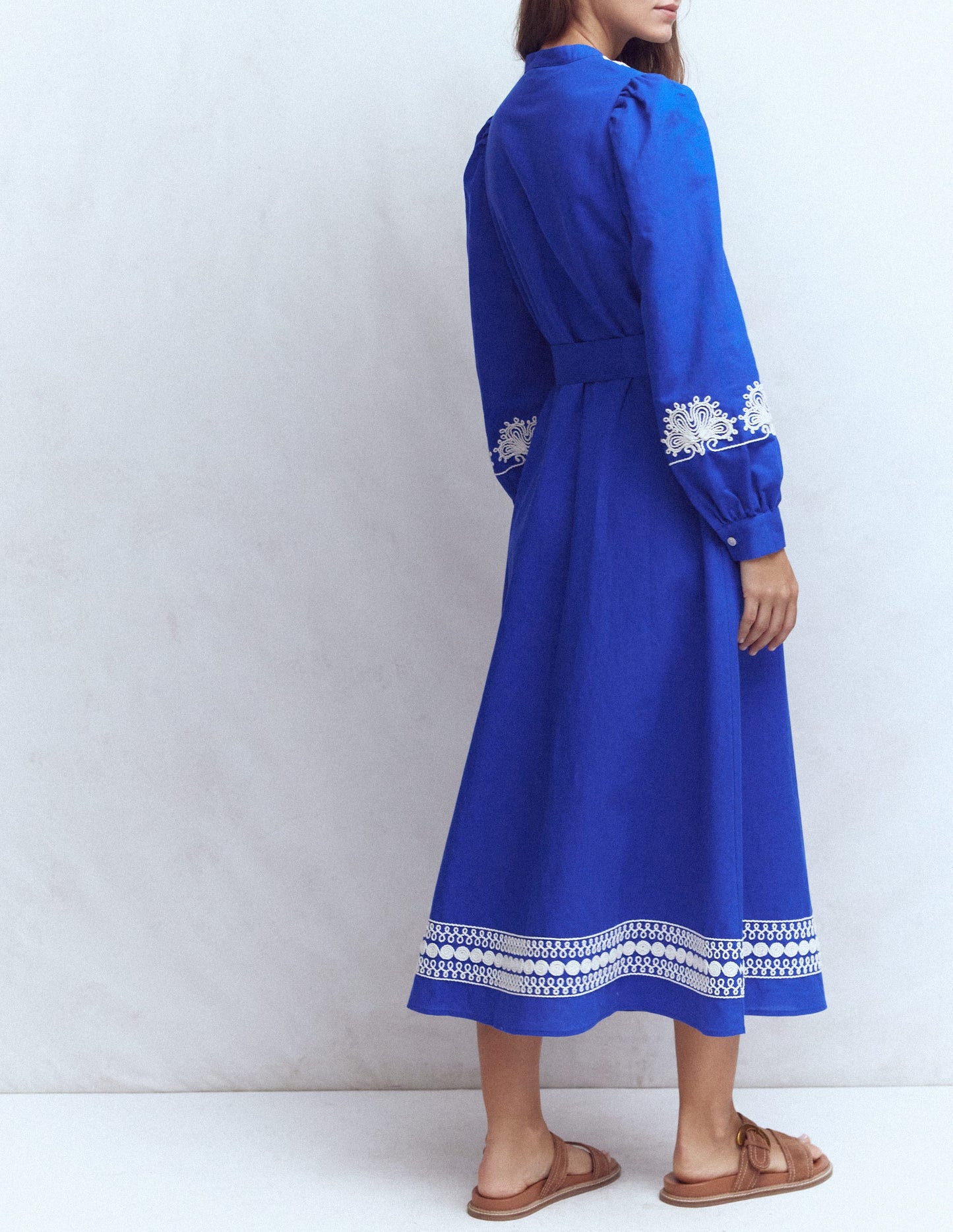 Ava Linen Blend Midi Dress-Blue Embroidery