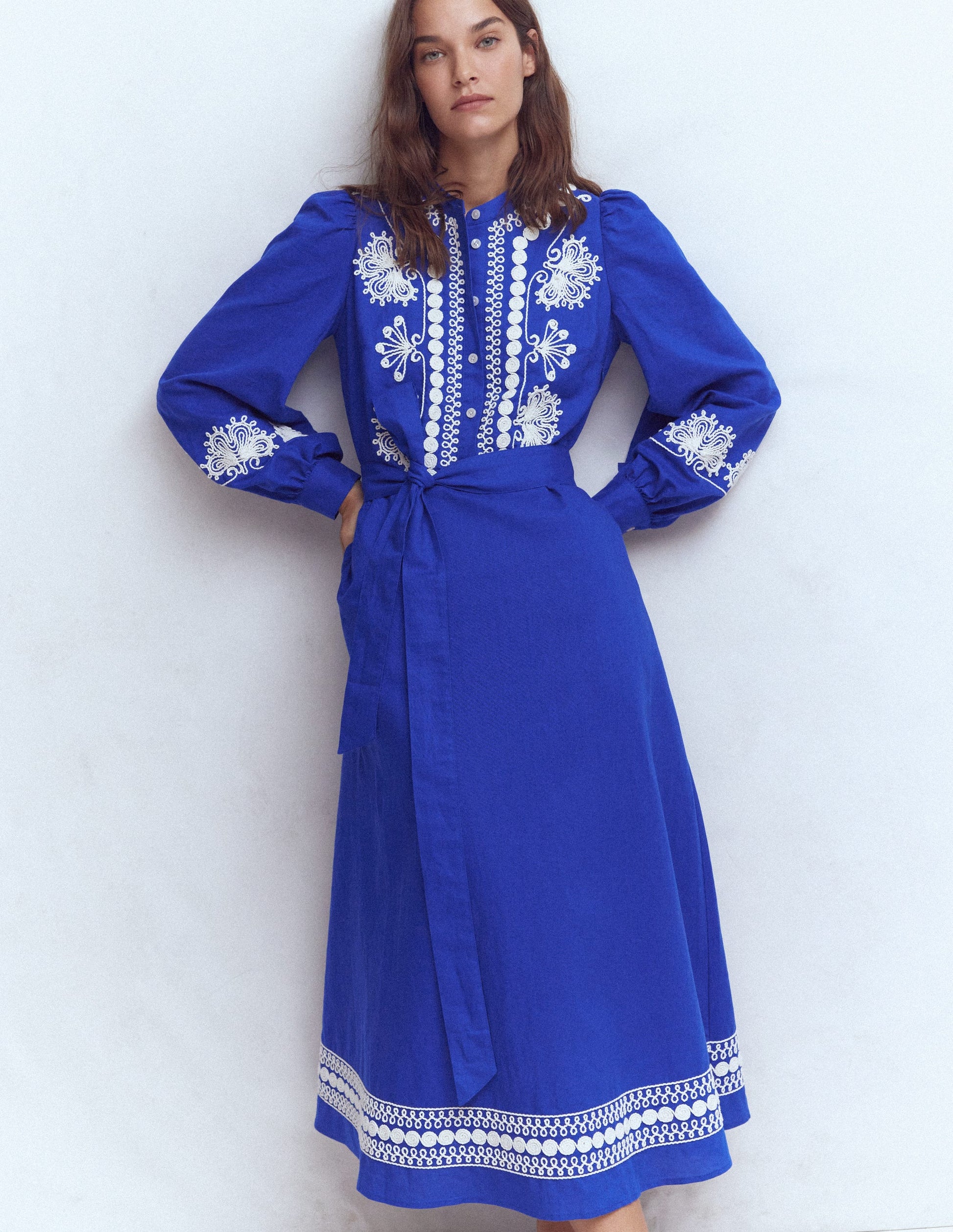 Ava Linen Blend Midi Dress-Blue Embroidery-5