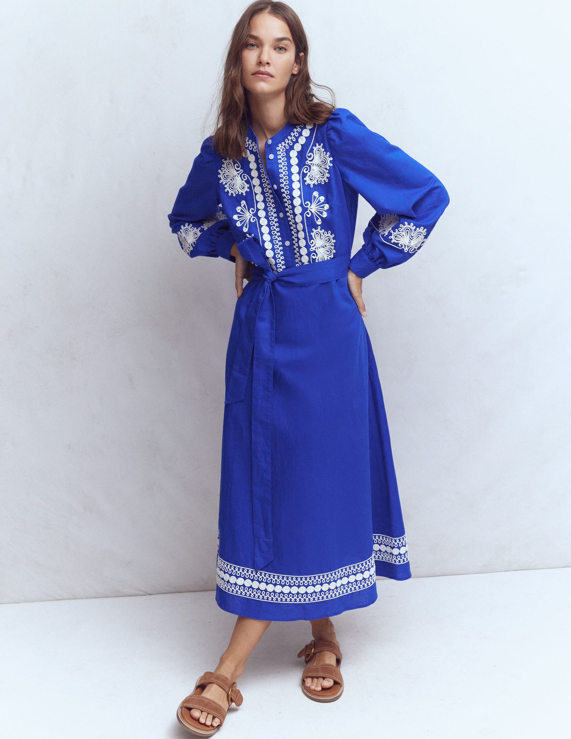 Ava Linen Blend Midi Dress-Blue Embroidery | Boden UK