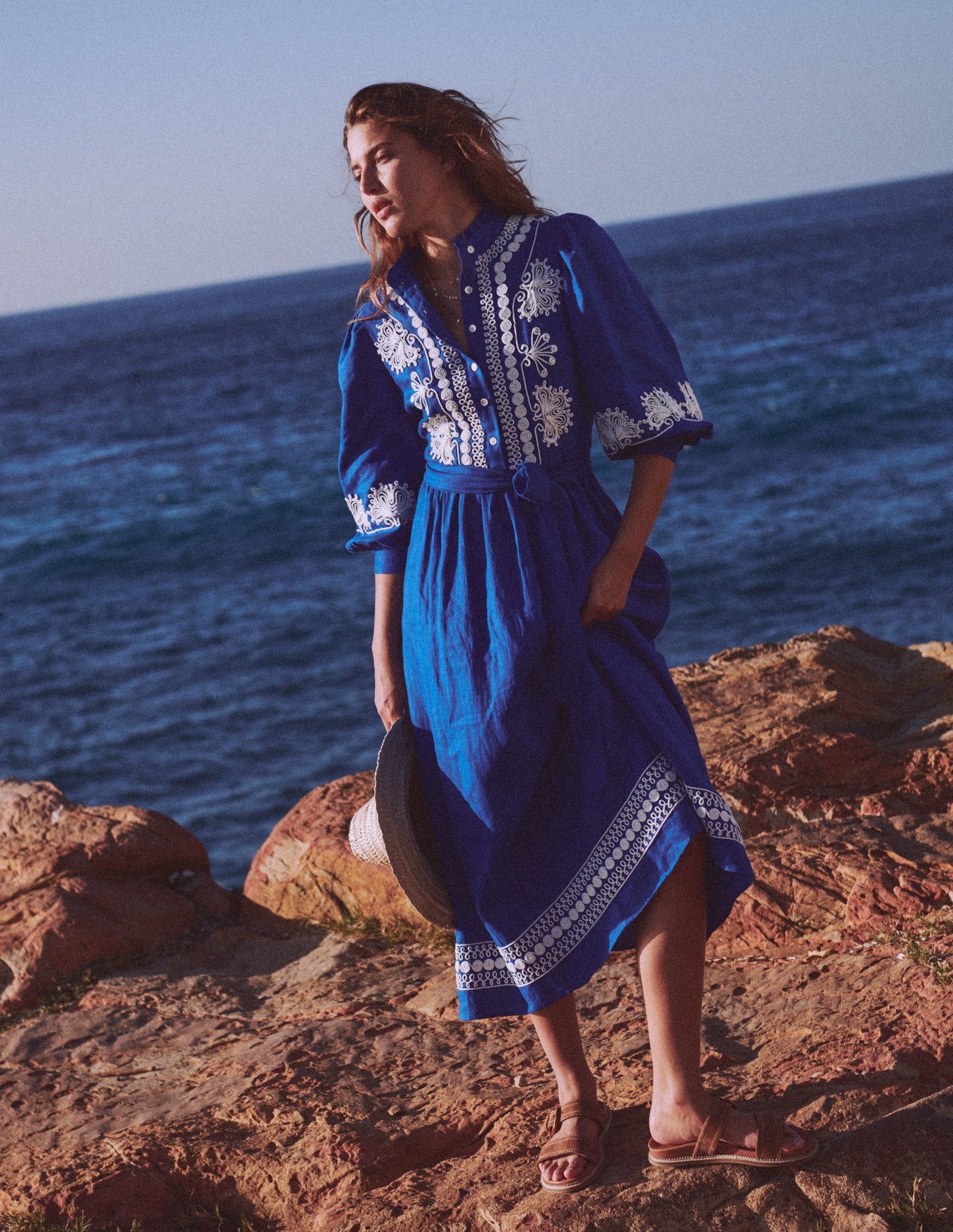 Ava Linen Blend Midi Dress-Blue Embroidery | Boden UK Ava Linen Blend Midi Dress-Blue Embroidery | Boden UK