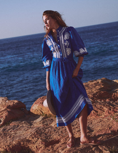 Ava Linen Blend Midi Dress-Blue Embroidery-1