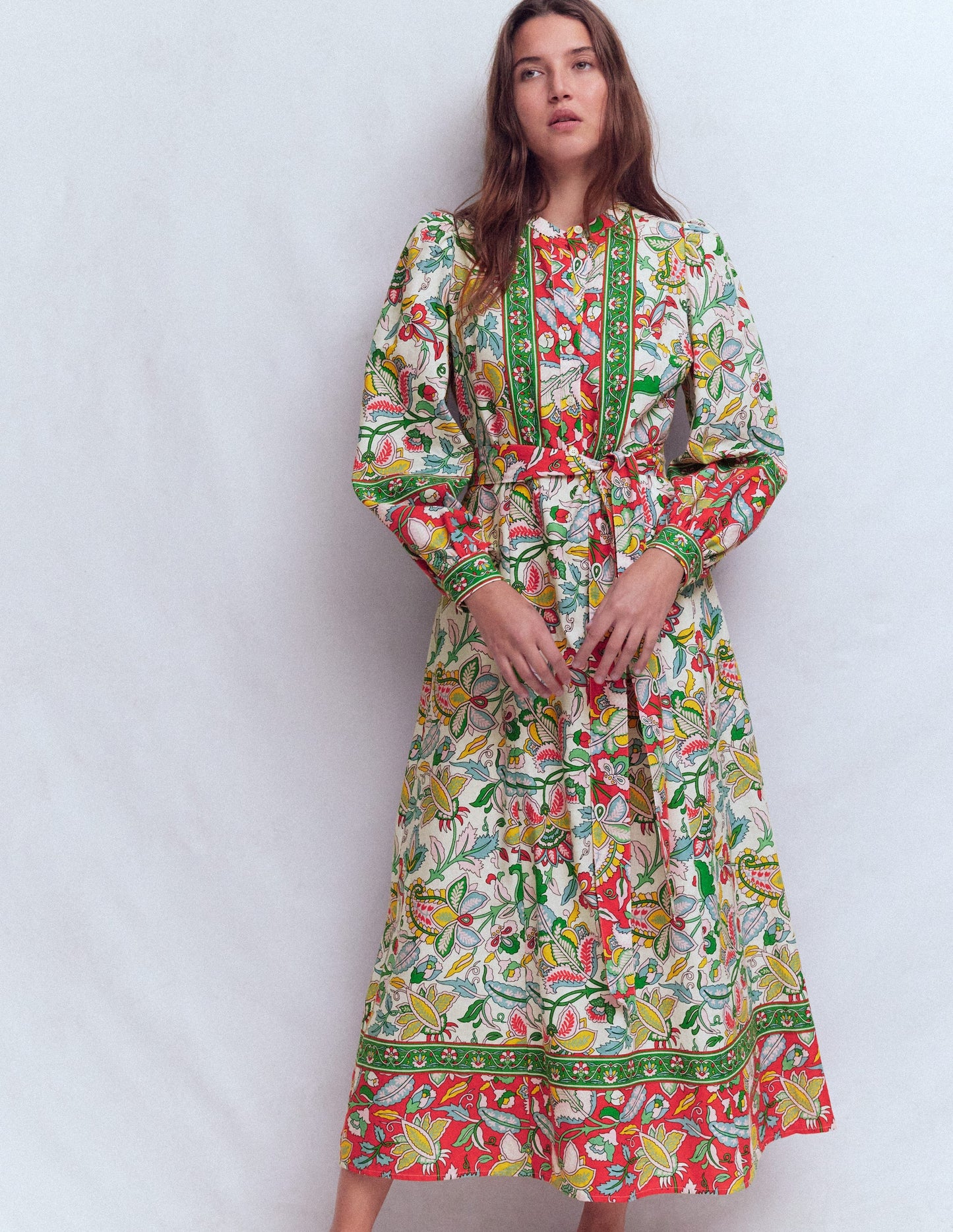 Ava Linen Blend Midi Dress-Multi, Botanical Trail