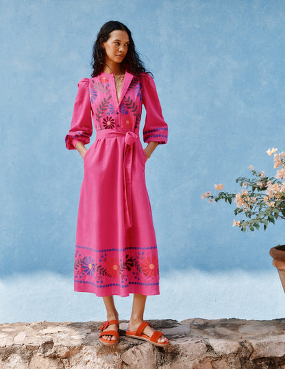 Ava Linen Blend Midi Dress-Multi Embroidery-1