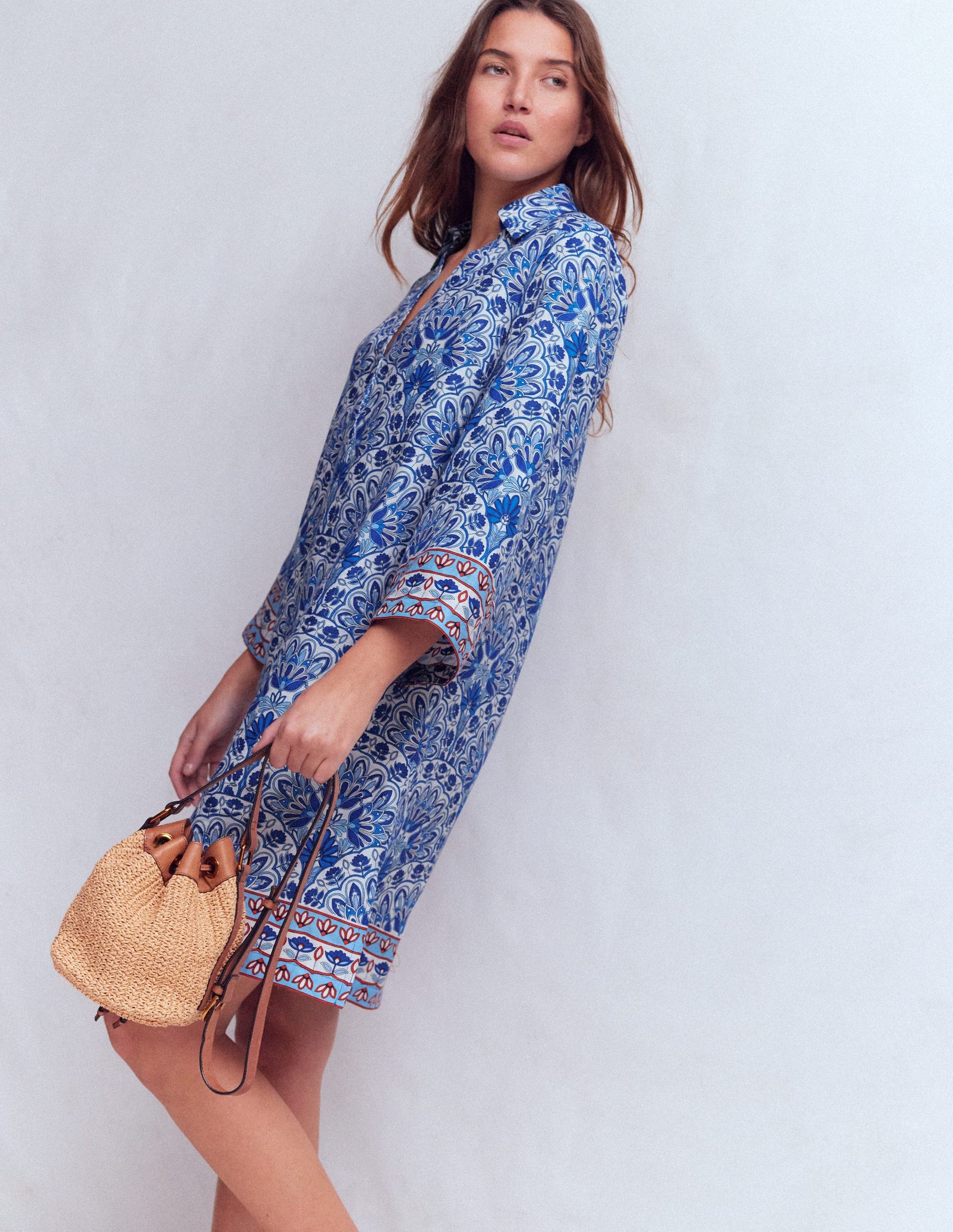 Carmen Linen Short Dress-Bright Blue, Elaborate Terrace-1