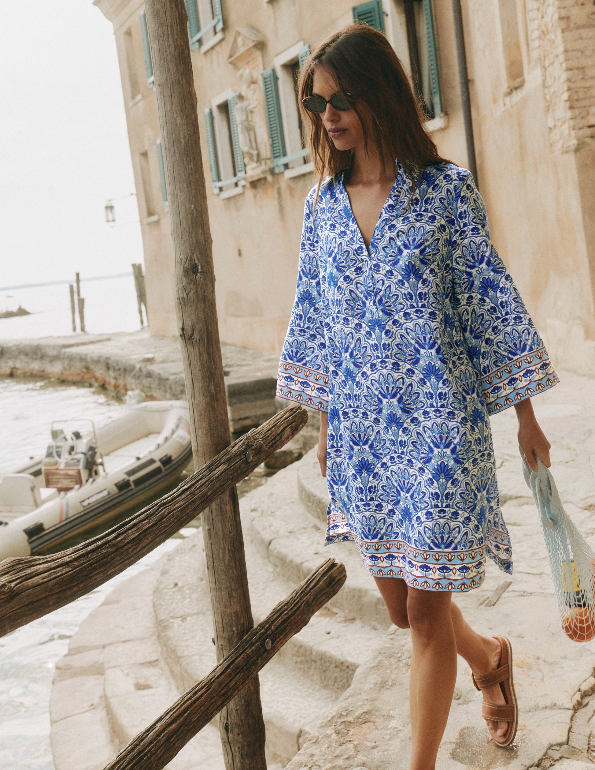 Carmen Linen Short Dress-Bright Blue, Elaborate Terrace-6