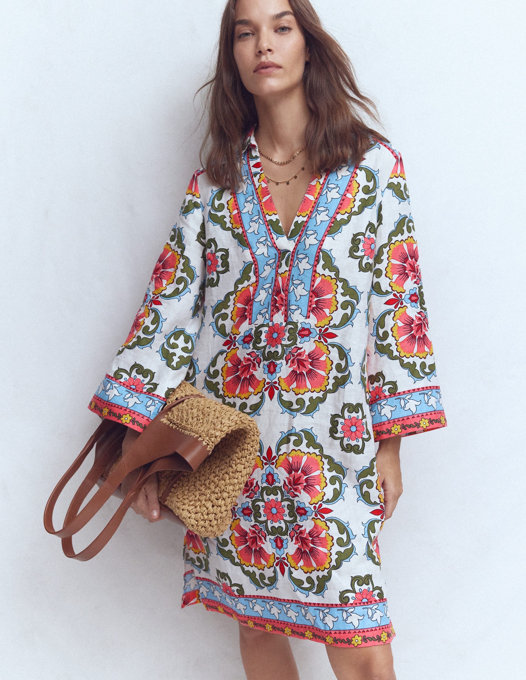Carmen Linen Short Dress-Multi, Ornamental Trellis - Image 1