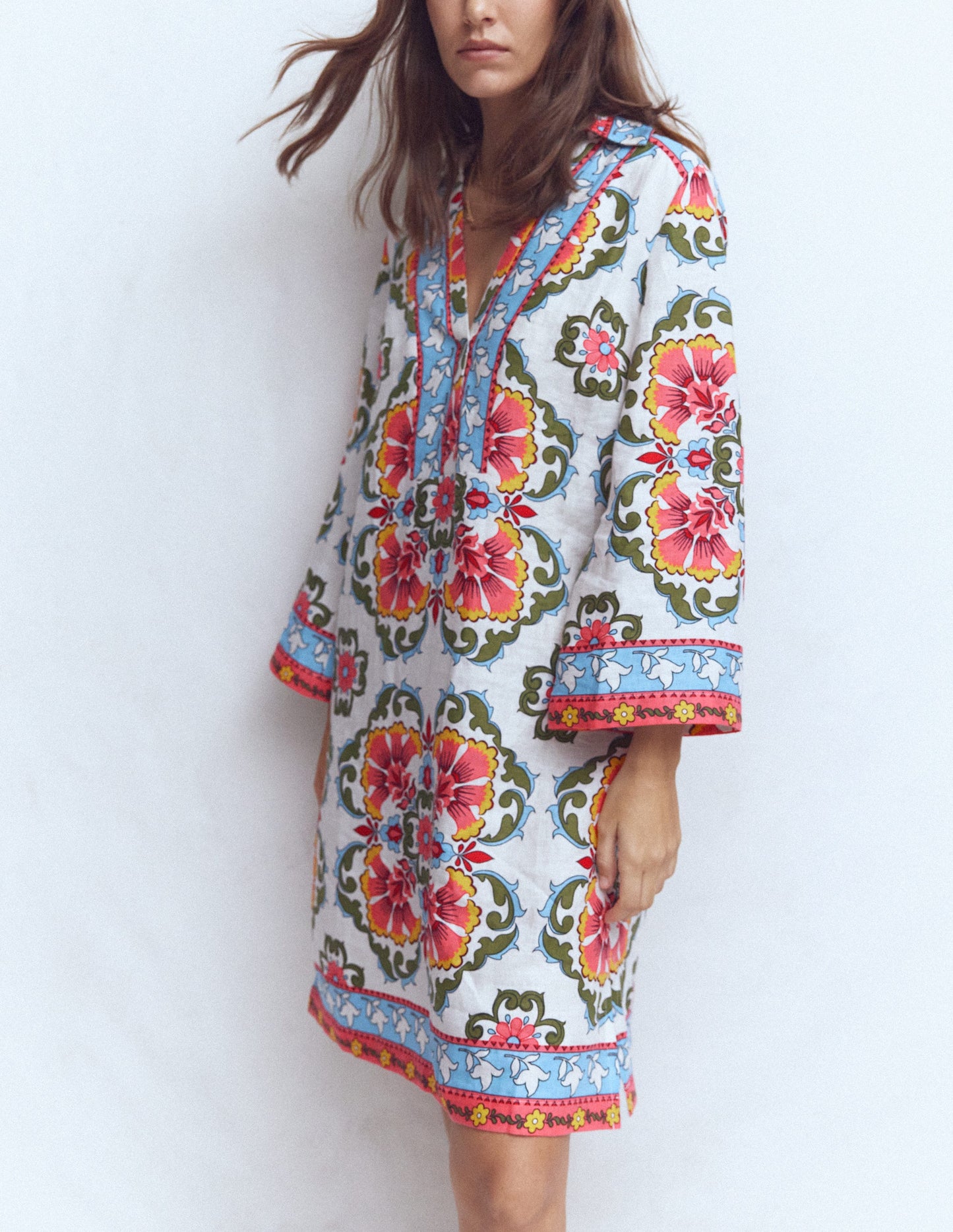 Carmen Linen Short Dress-Multi, Ornamental Trellis