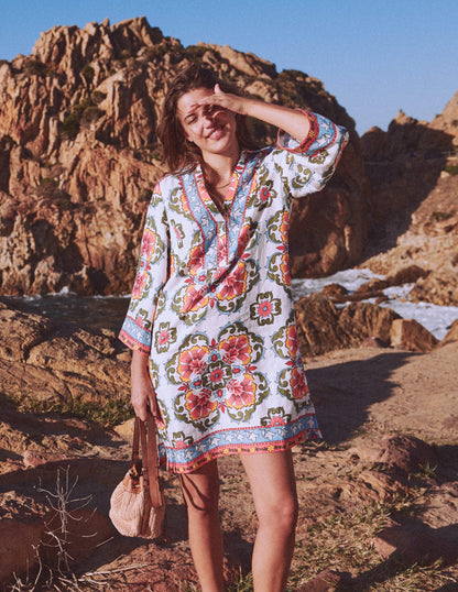 Carmen Linen Short Dress-Multi, Ornamental Trellis-1