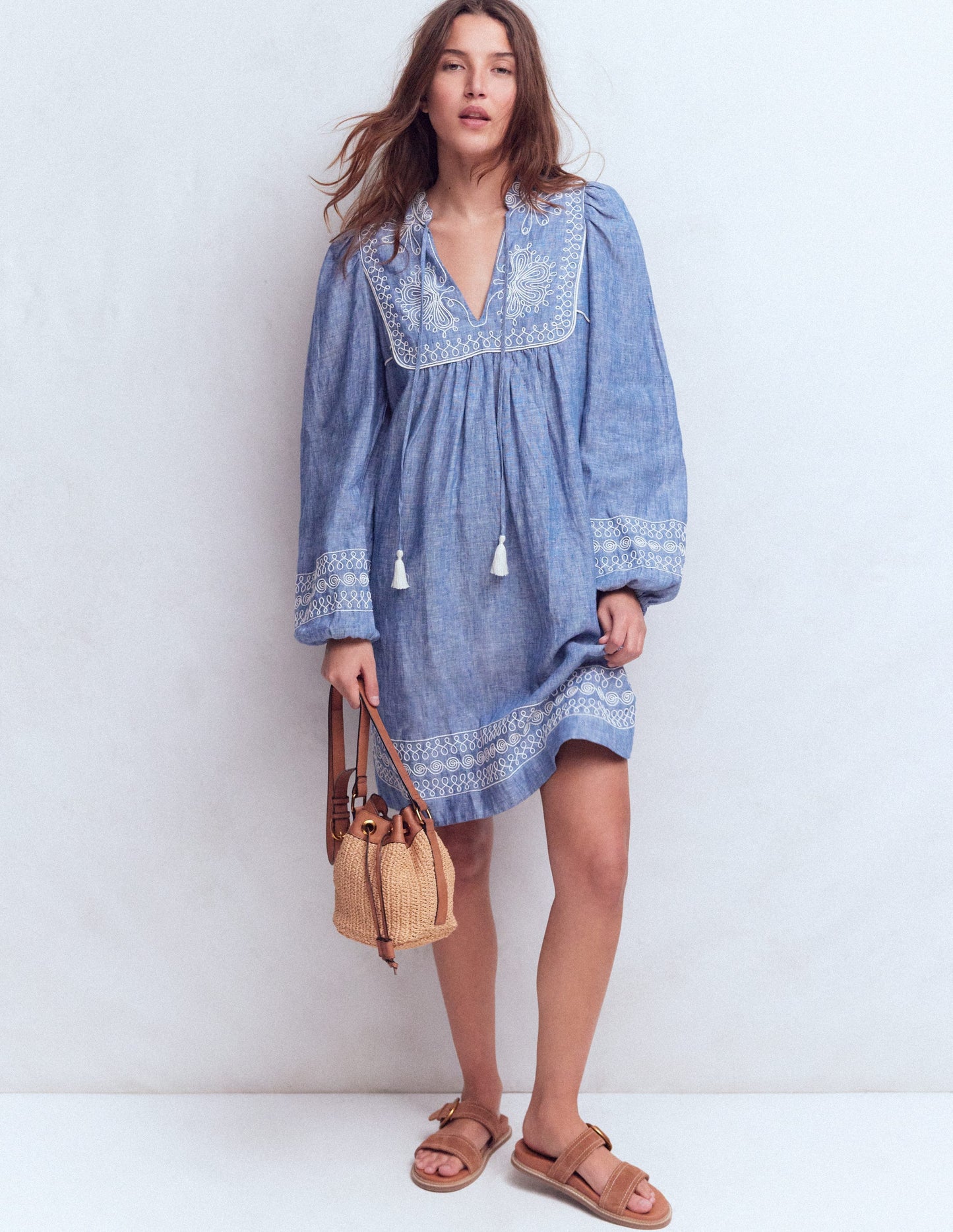 Pia Linen Yoke Tassel Dress-Chambray Embroidery