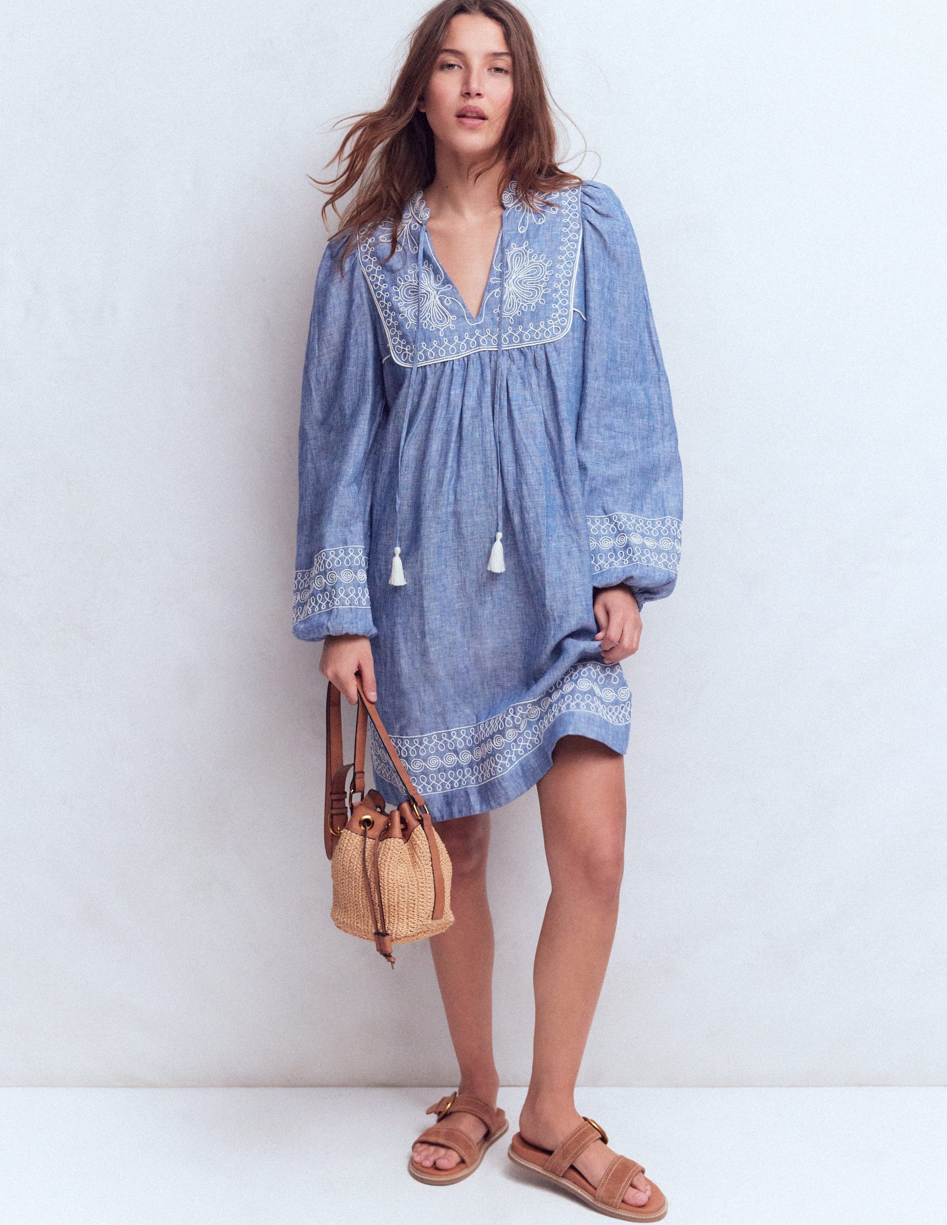 Pia Linen Yoke Tassel Dress-Chambray Embroidery-1