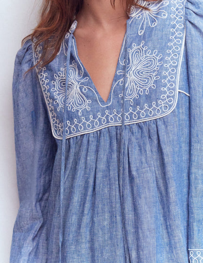 Pia Linen Yoke Tassel Dress-Chambray Embroidery-2