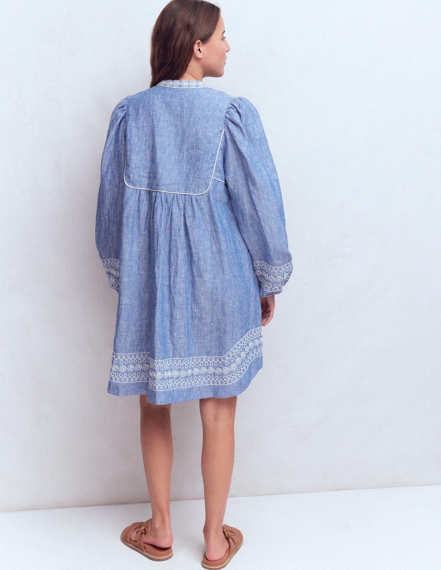 Pia Linen Yoke Tassel Dress-Chambray Embroidery