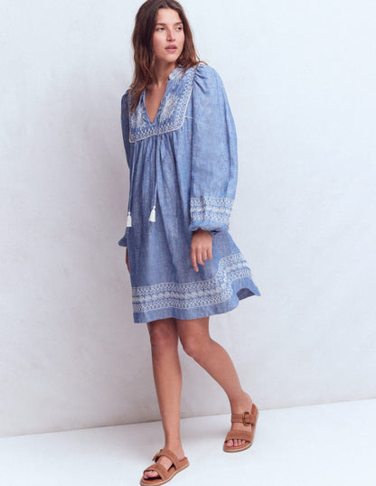 Pia Linen Yoke Tassel Dress-Chambray Embroidery-4