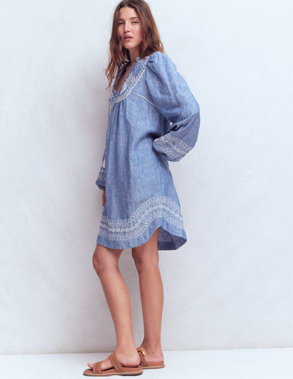 Pia Linen Yoke Tassel Dress-Chambray Embroidery-5