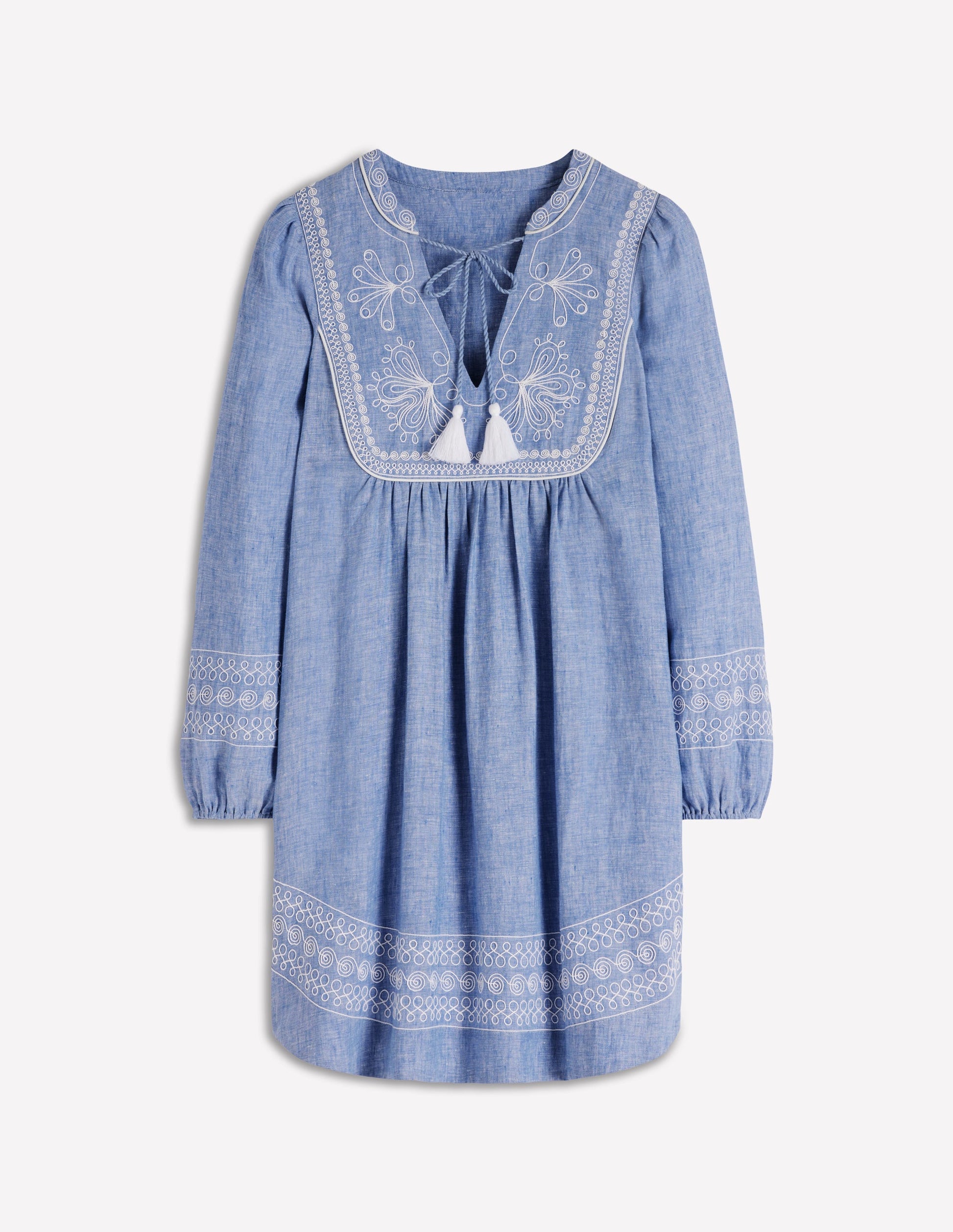 Pia Linen Yoke Tassel Dress-Chambray Embroidery-7
