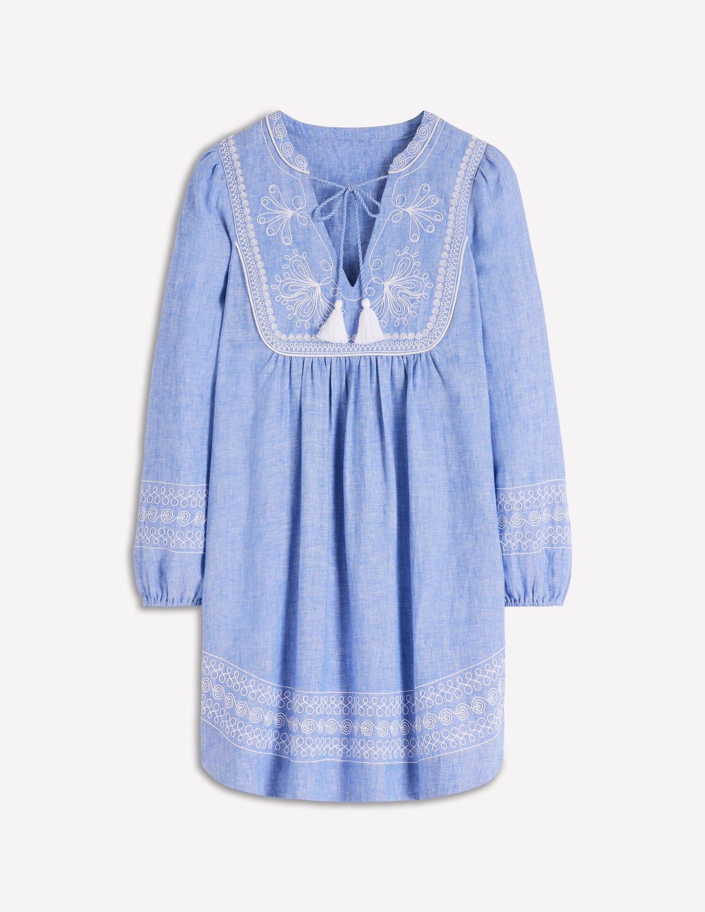 Pia Linen Yoke Tassel Dress-Chambray Embroidery