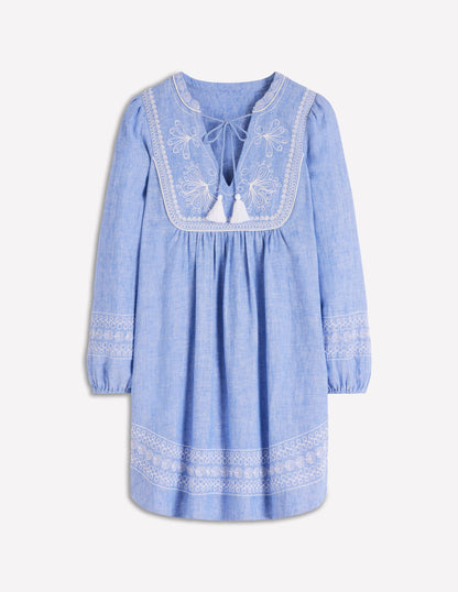 Pia Linen Yoke Tassel Dress-Chambray Embroidery-7