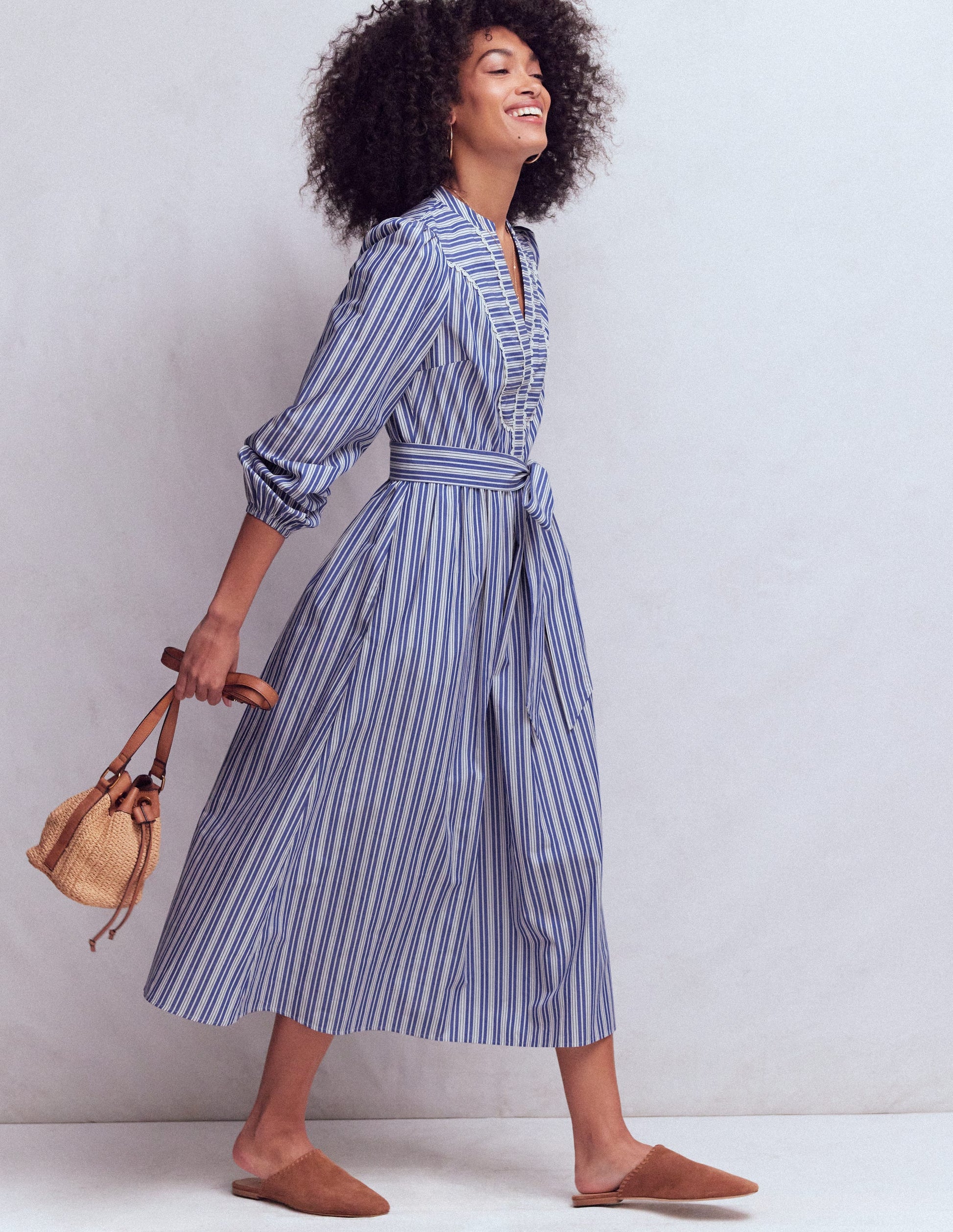 Cary Cotton Midi Dress - Bright Blue Varigated Stripe