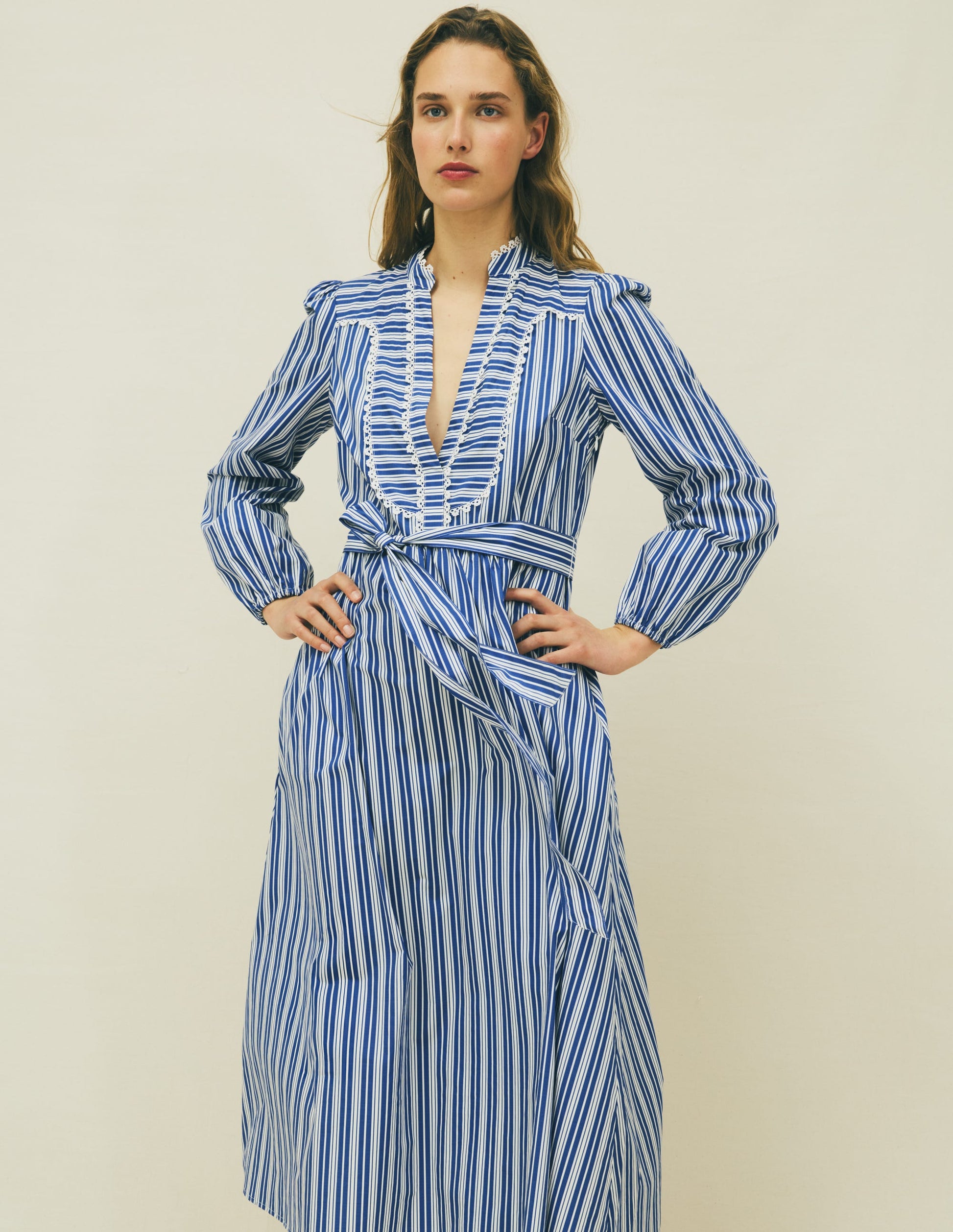 Cary Cotton Midi Dress-Bright Blue Varigated Stripe-1