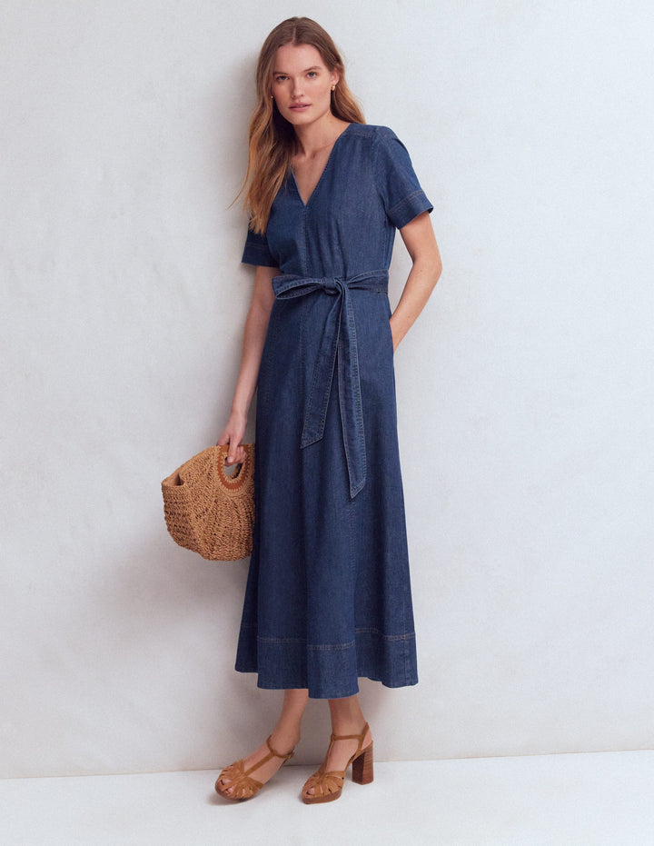 V-Neck Denim Dress-Mid Vintage