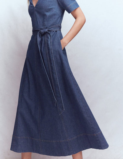 V-Neck Denim Dress-Mid Vintage-3