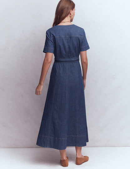 V-Neck Denim Dress-Mid Vintage-4