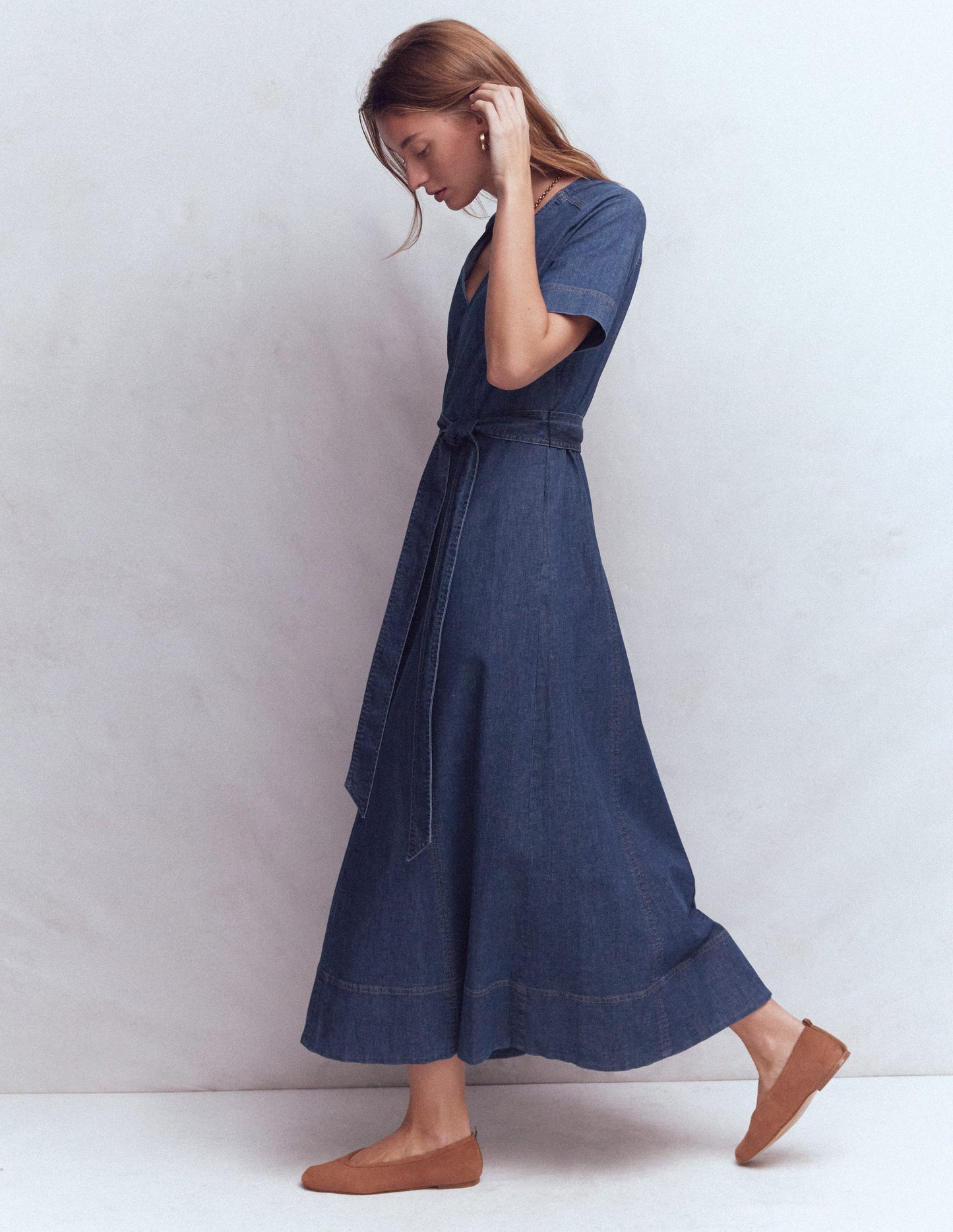 V-Neck Denim Dress-Mid Vintage