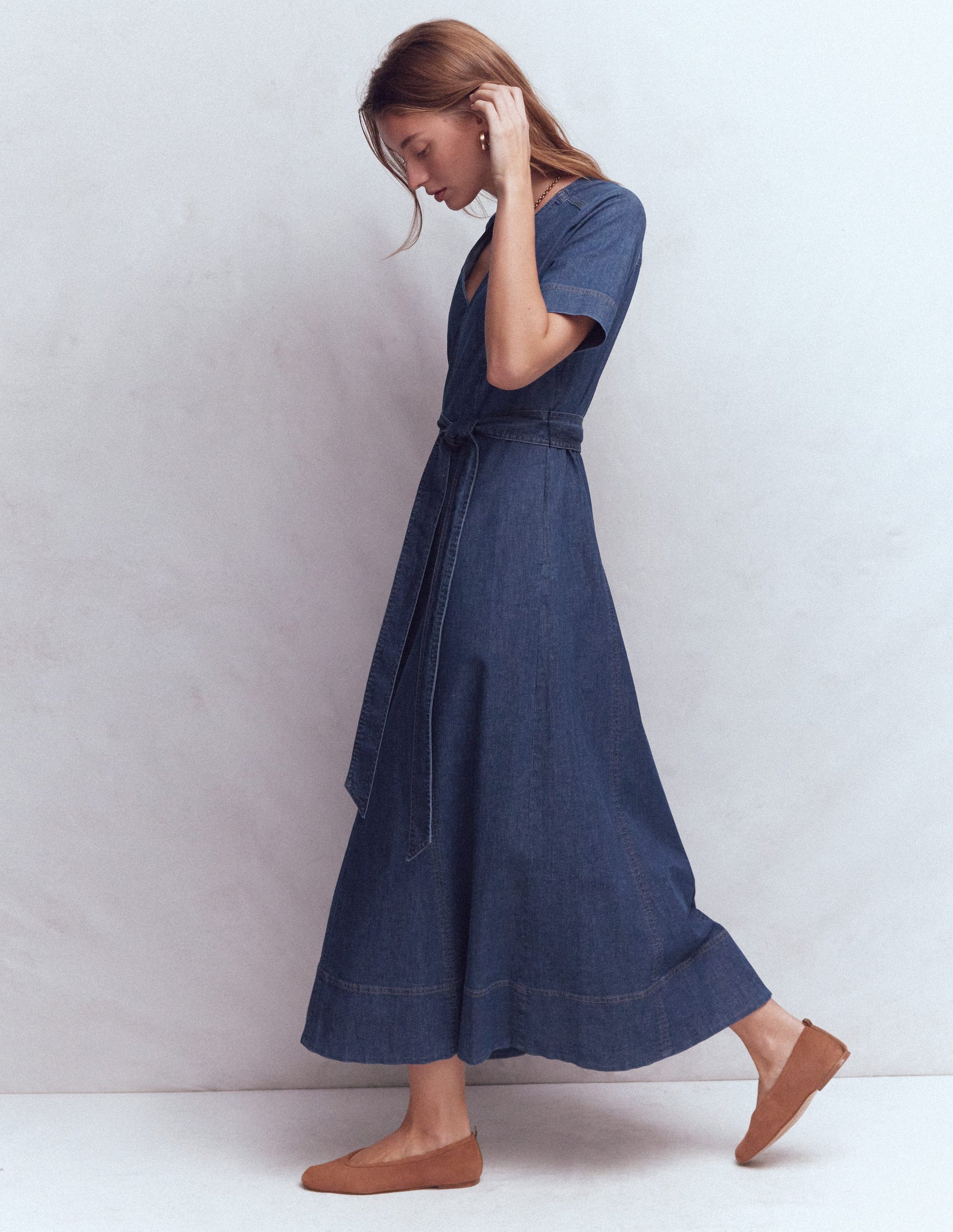 V-Neck Denim Dress-Mid Vintage-5