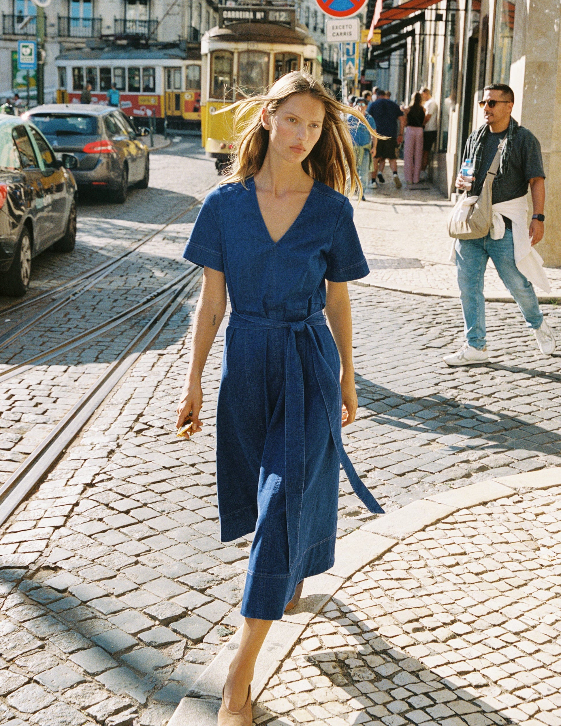 V-Neck Denim Dress-Mid Vintage-1