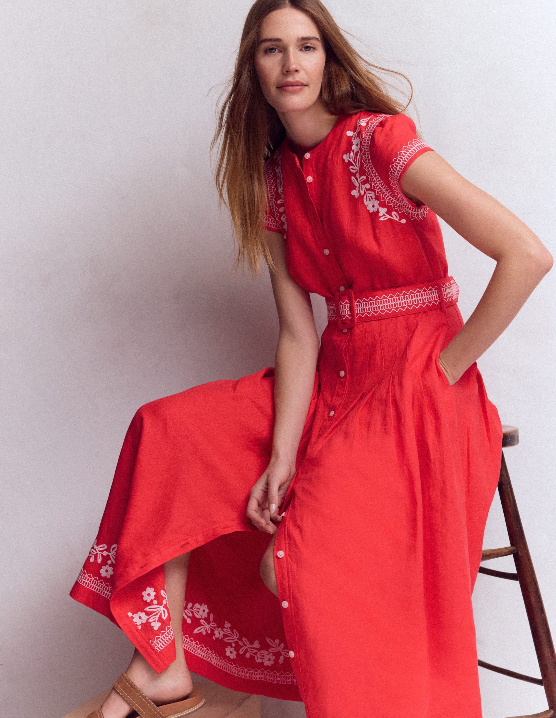 Arabella Linen Blend Dress-Red Embroidery-1