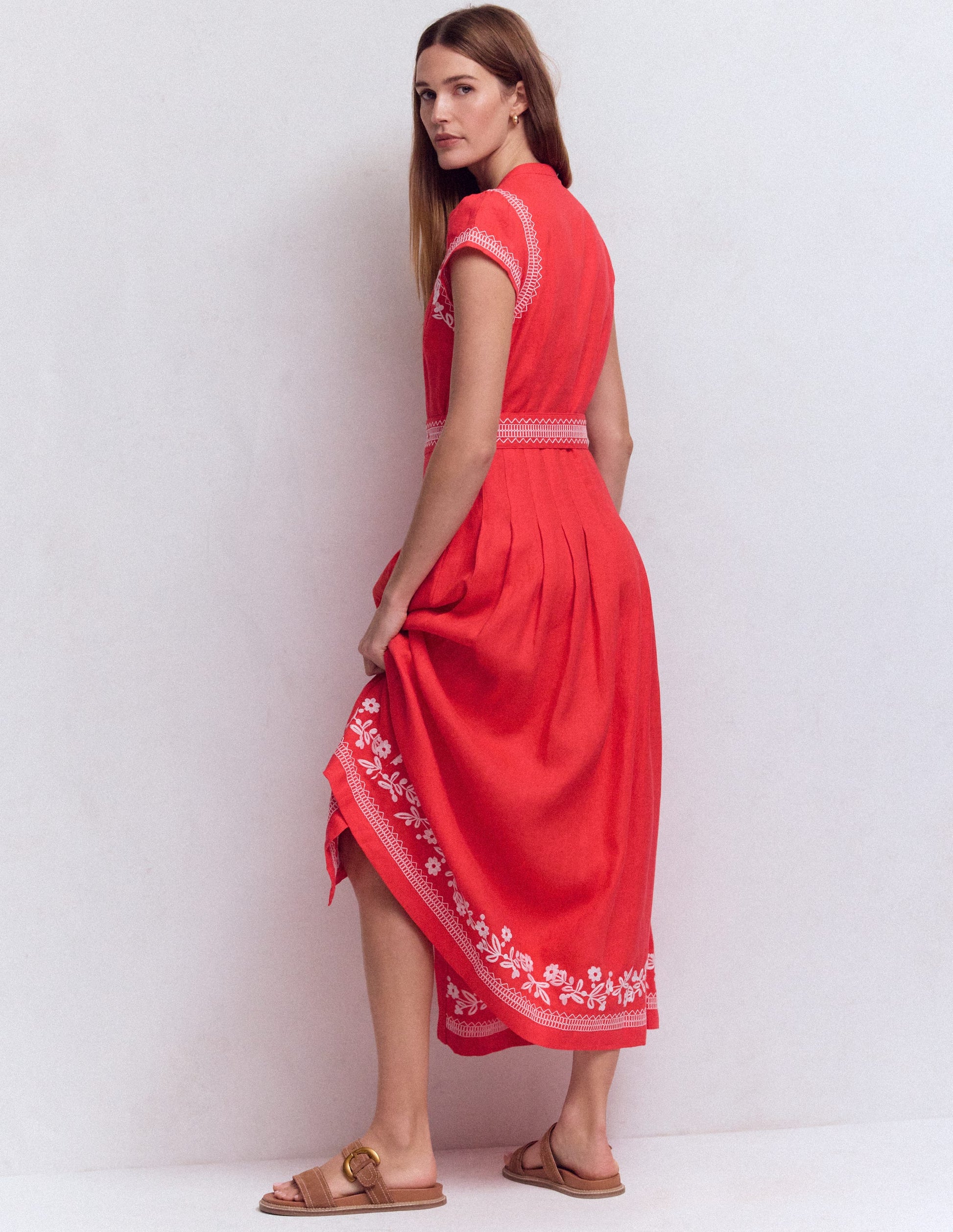 Arabella Linen Blend Dress-Red Embroidery-3