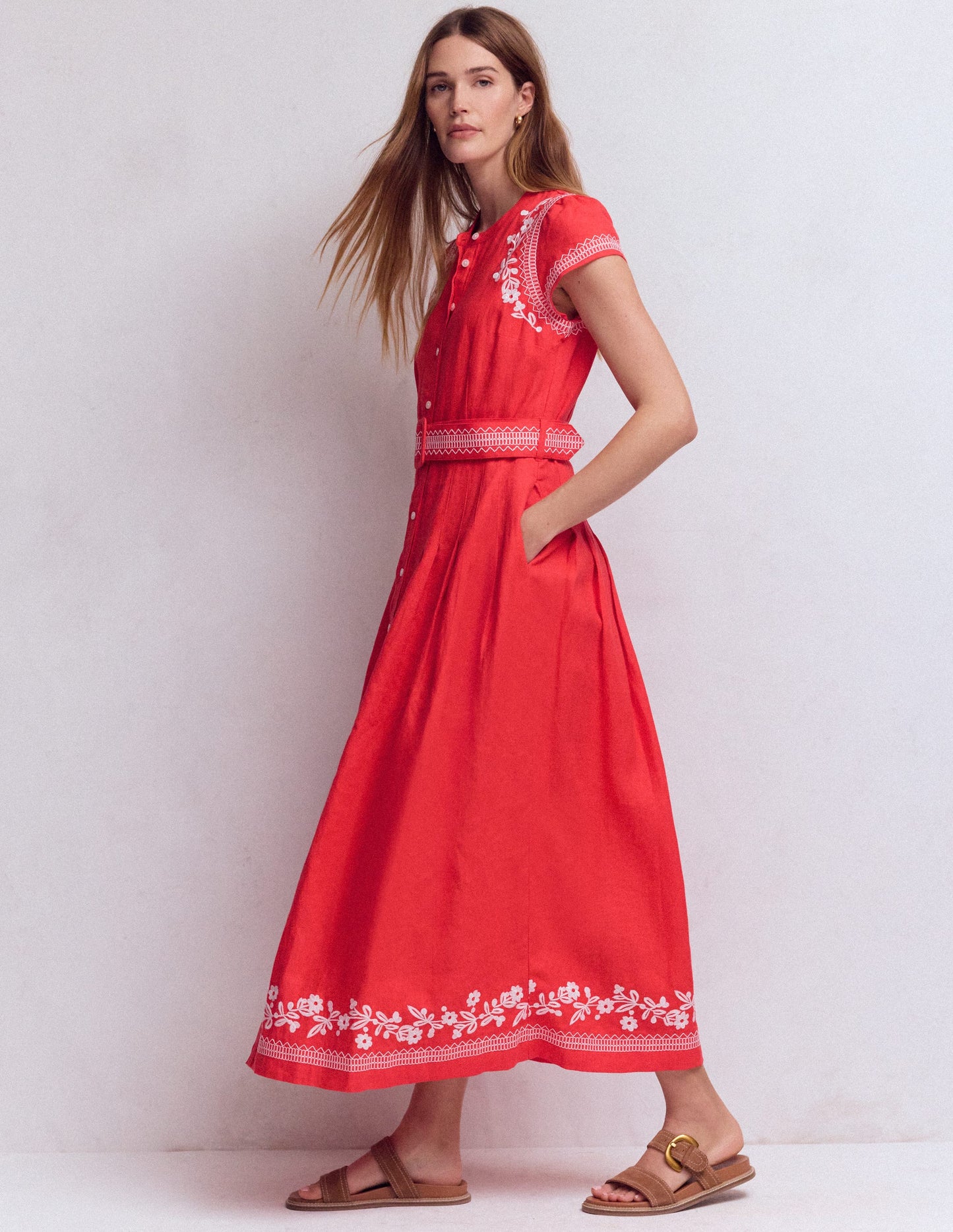 Arabella Linen Blend Dress-Red Embroidery