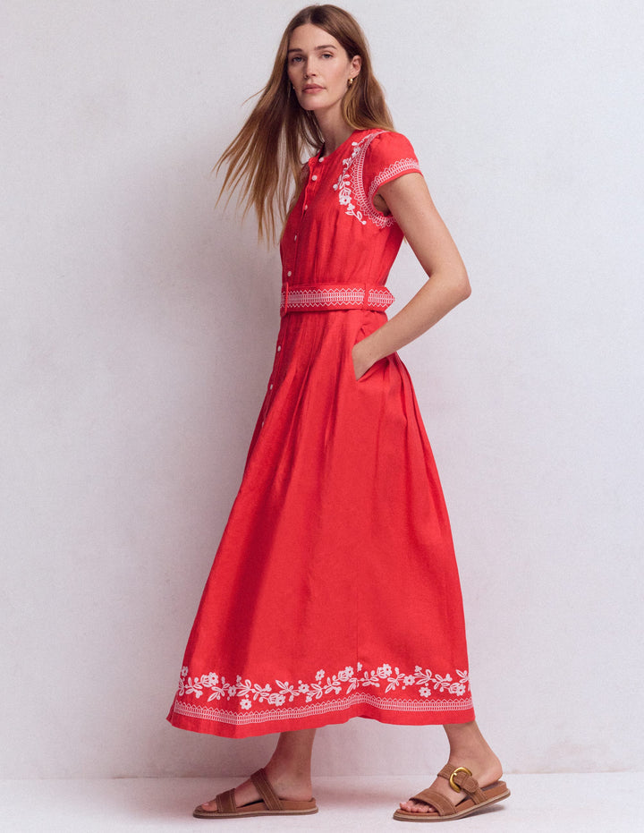 Arabella Linen Blend Dress-Red Embroidery