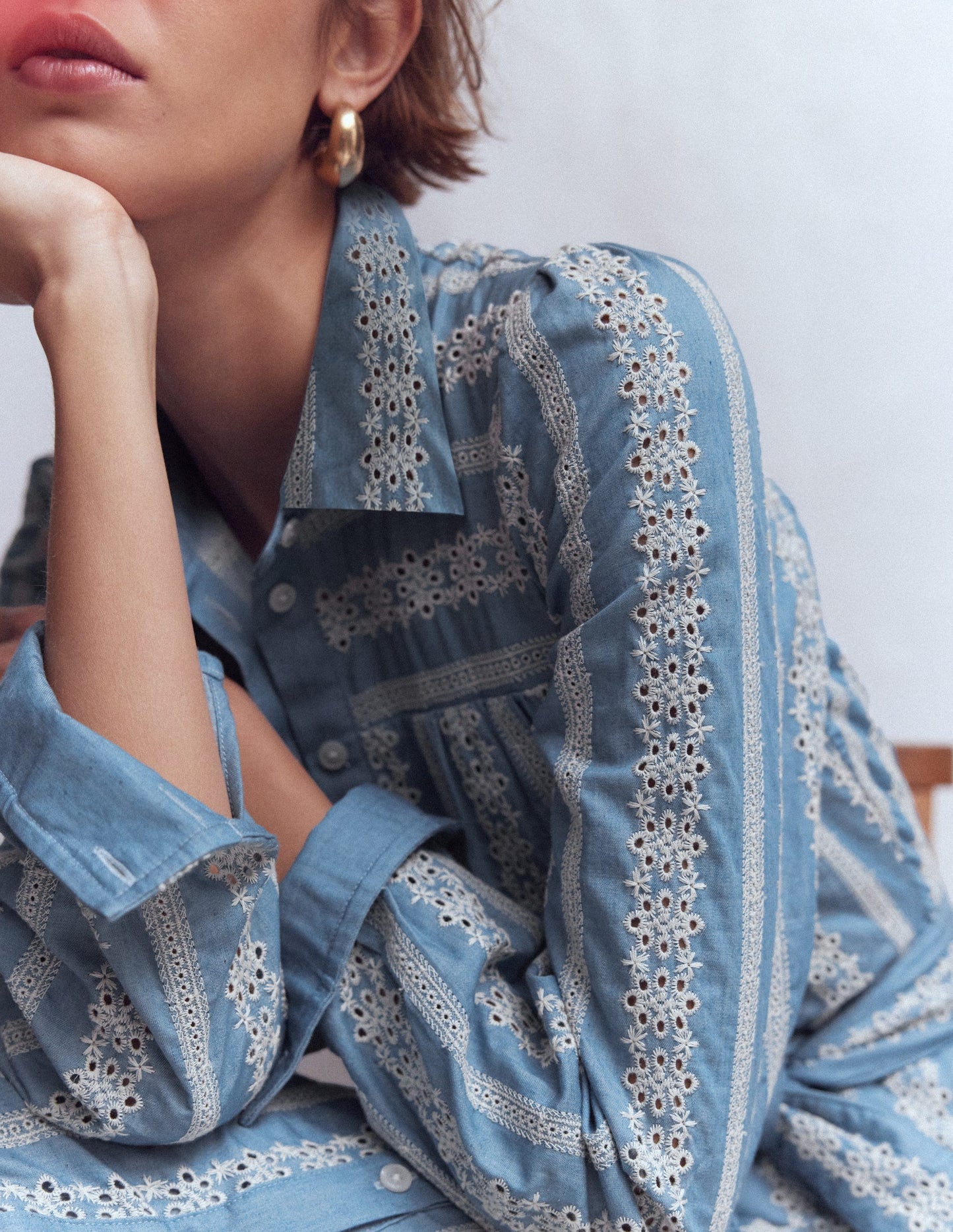Ellie Cotton Maxi Shirt Dress-Broderie Denim